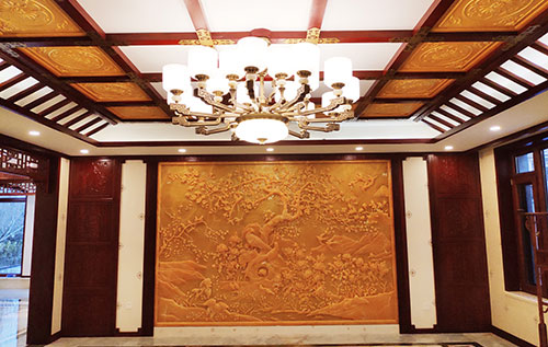 兴义中式别墅客厅中式木作横梁吊顶装饰展示